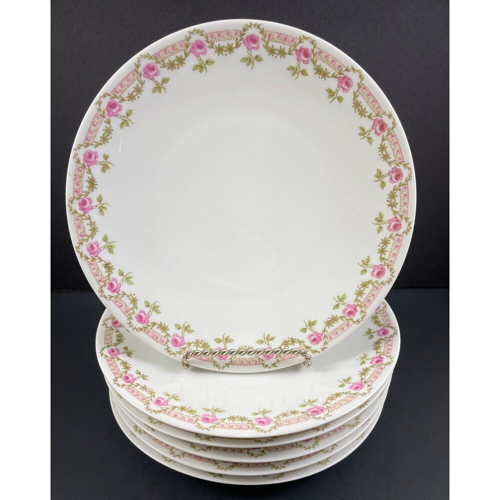 J Pouyat Limoges Pink Rose Garland Border 7.5" Set of 6 Plates Boston Vintage
